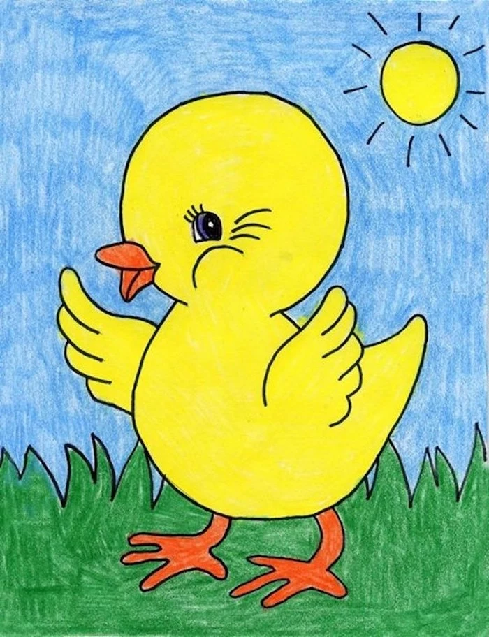 crayon drawing of yellow duck, walking on green grass, easy drawings for kids, blue sky and sun in the background
