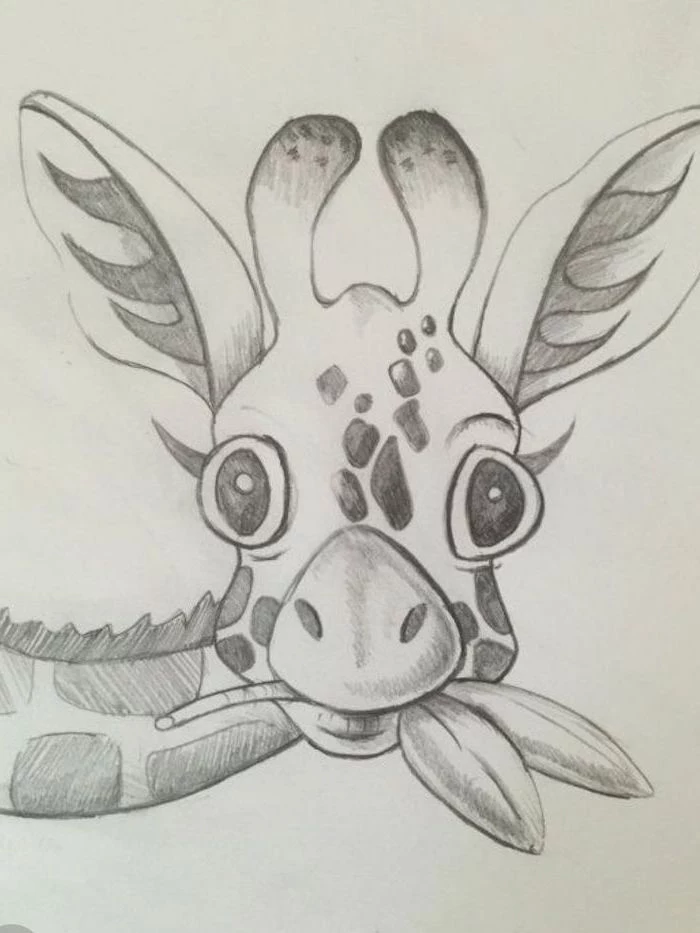 black and white pencil sketch, baby giraffe chewing leaves, easy drawings for kids, white background