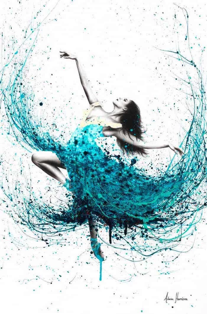 ballerina dancing, blue and turquoise colors used for dress, cute easy paintings, white background