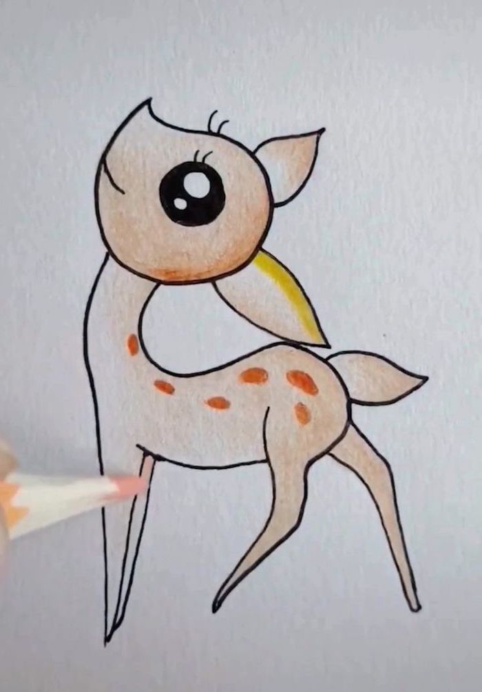 colored pencil drawing of bambi, easy drawings for kids, white background