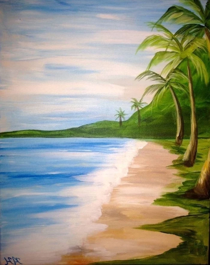 beach side landscape, tall palm trees along the coastline, cute easy paintings, ocean waves crashing into the beach