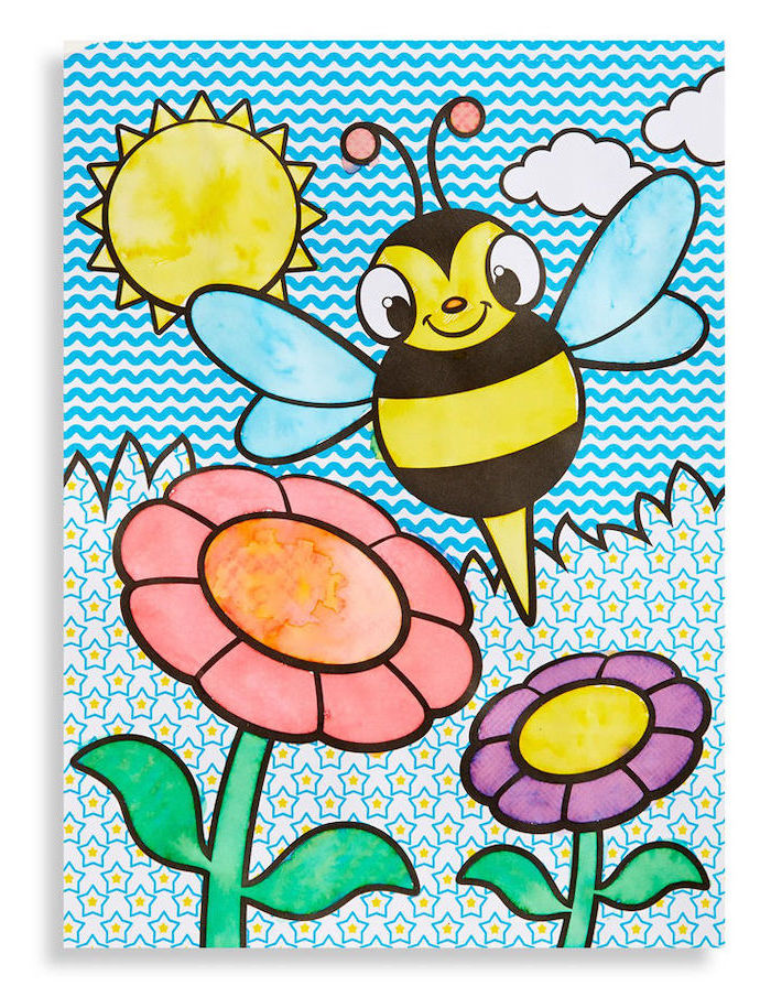 easy drawing ideas, bee flying over different flowers, sky sun and clouds in the sky, colored with acrylic paint