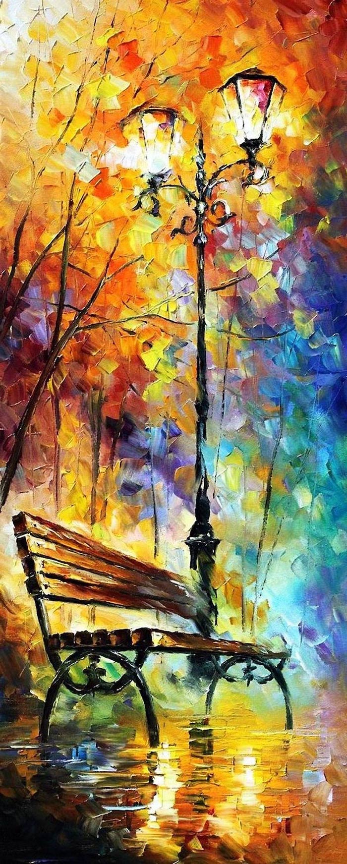 100 Acrylic Painting Ideas To Fill Your Spare Time With Architecture   Bench In The Park Abstract Painting Ideas Lamps Next To It Trees With Red Orange Trees In The Background 