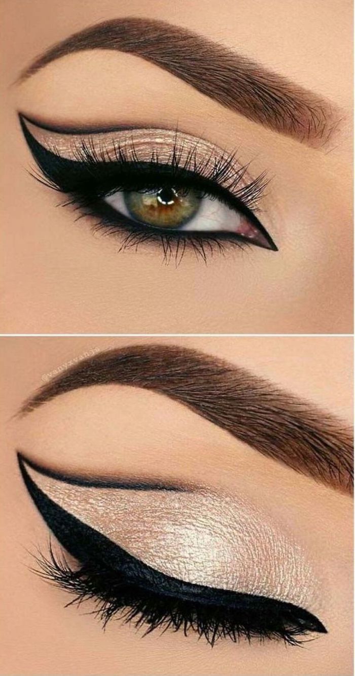 silver eyeshadow color, black cat eyeliner, woman with green eyes, thick dark eyebrows, how to apply eyeshadow