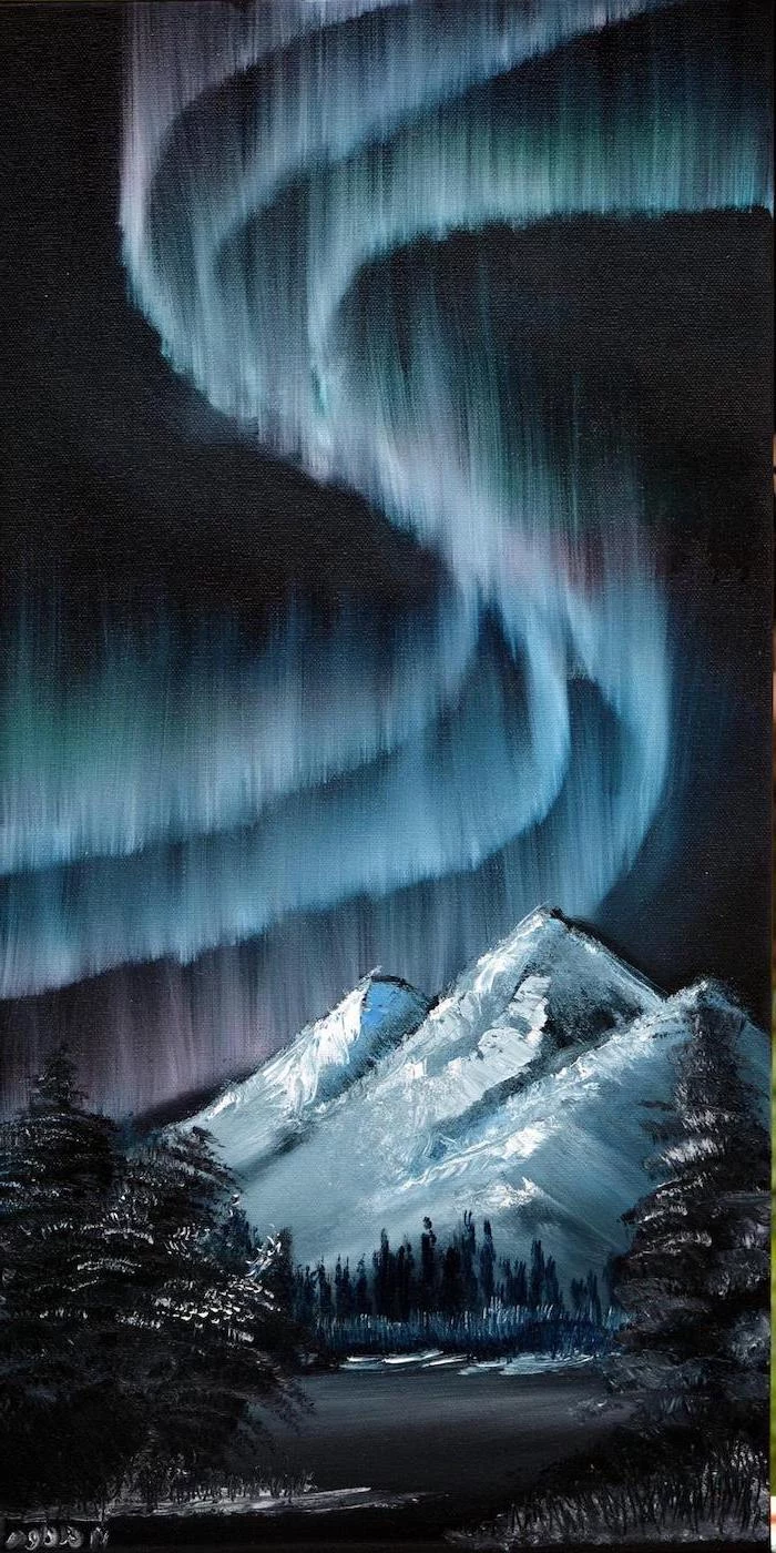 northern lights shining in the sky, mountain landscape, acrylic painting ideas, mountain covered with snow, tall dark trees