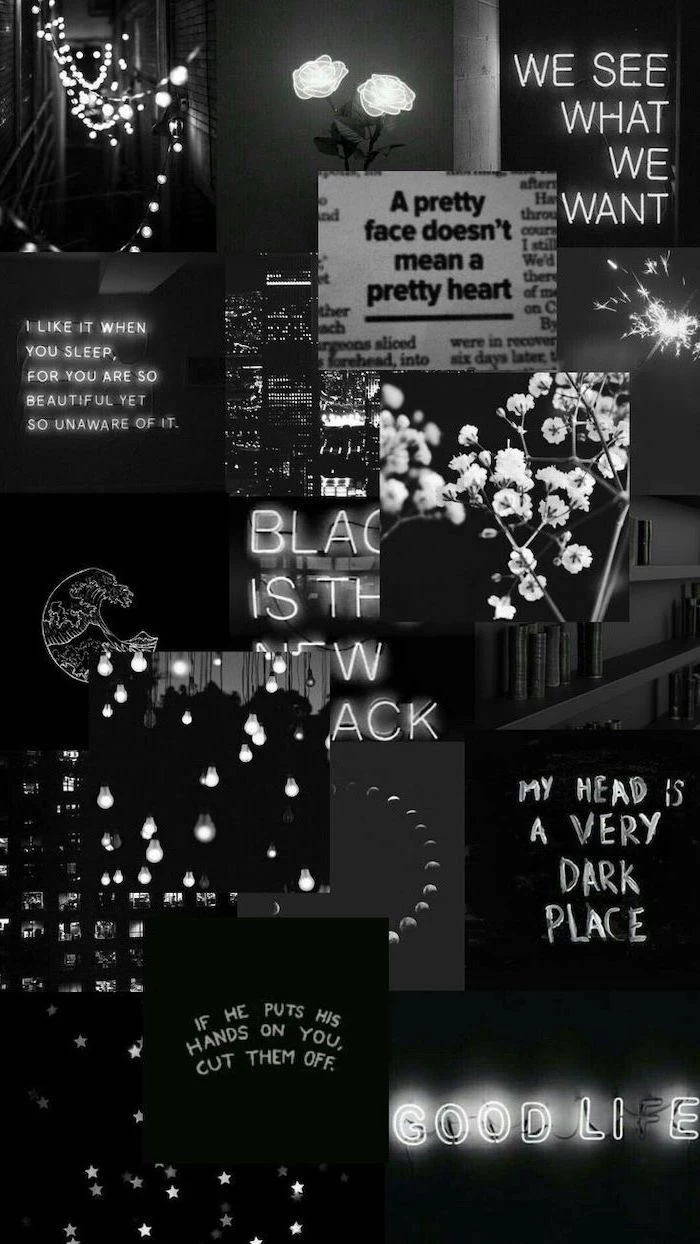 photo collage of pictures in black, different neon signs, different quotes and flowers, aesthetic iphone wallpaper, aesthetic phone backgrounds