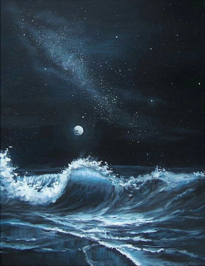 ocean waves crashing into the beach, dark black sky with lots of stars, moon low on the horizon, painting ideas for beginners