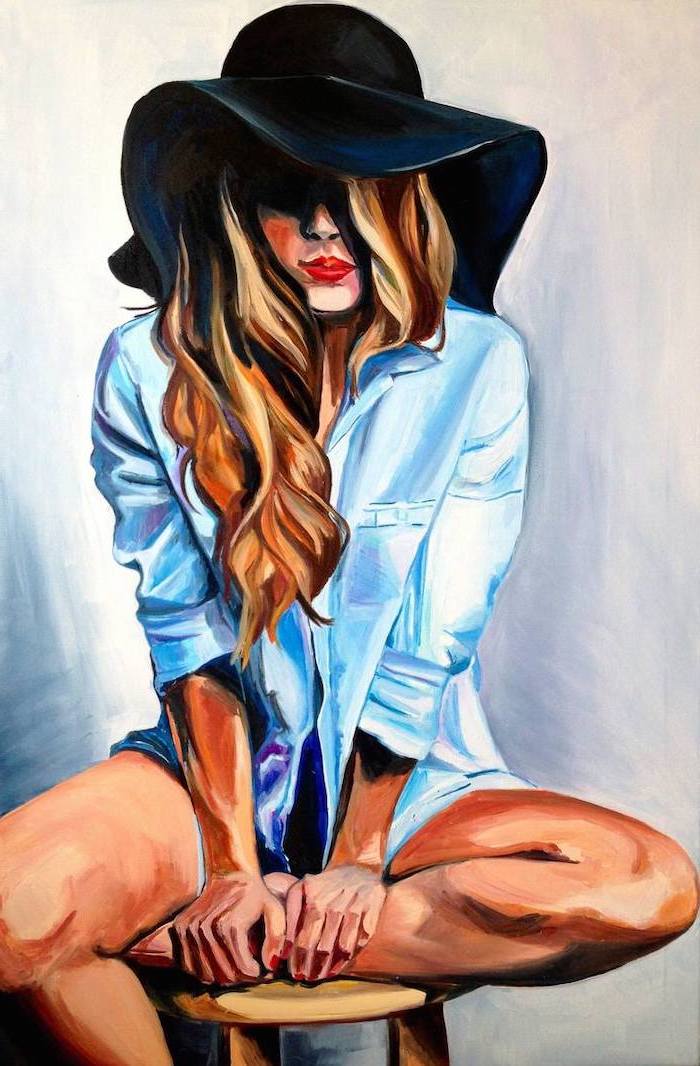 blonde woman sitting on a chair, wearing white shirt and black hat, acrylic painting ideas, white background