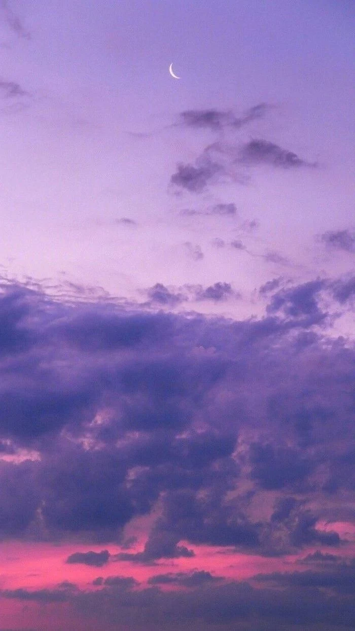 photograph of sky at sunset, aesthetic iphone wallpaper, moon already visible, pink and purple clouds