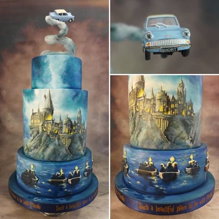 three tier cake, flying car topper, hogwarts painted on the second tier, happee birthdae harry, blue fondant