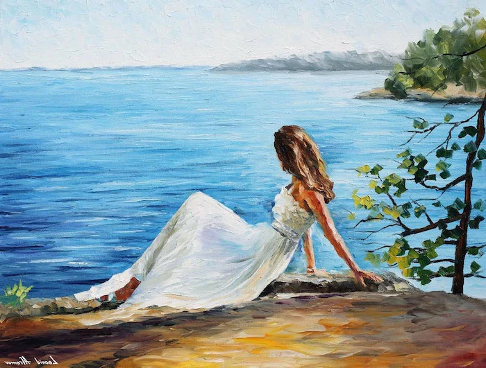woman wearing a white dress, standing on a rock, overlooking the ocean, painting ideas for beginners, trees around her