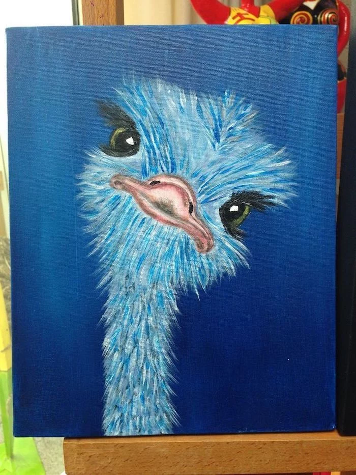 closeup of a blue ostrich with green eyes, painting ideas for beginners, dark blue background