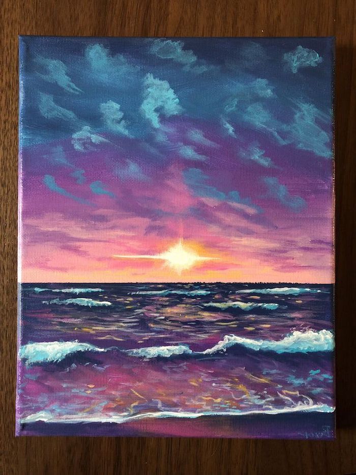 ocean waves crashing into the beach, painting ideas for beginners, sunset sky with the sun shining low on the horizon