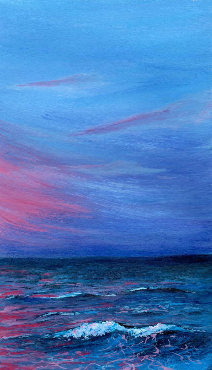 ocean waves at sunset, canvas painting, dark aesthetic, blue purple and pink colors used