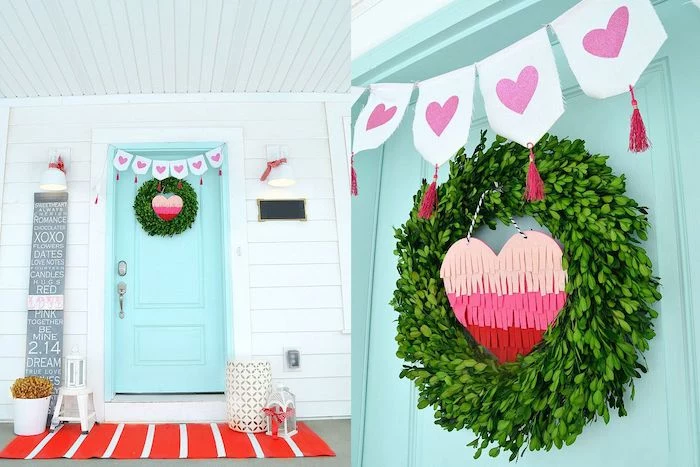 two side by side photos, turquoise door, decorated with green wreath, valentines decoration ideas, paper heart in the middle