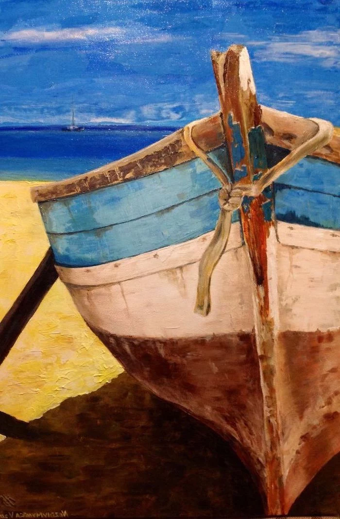old wooden boat, left on a beach, cute things to paint, ocean in the background, small boat in the distance
