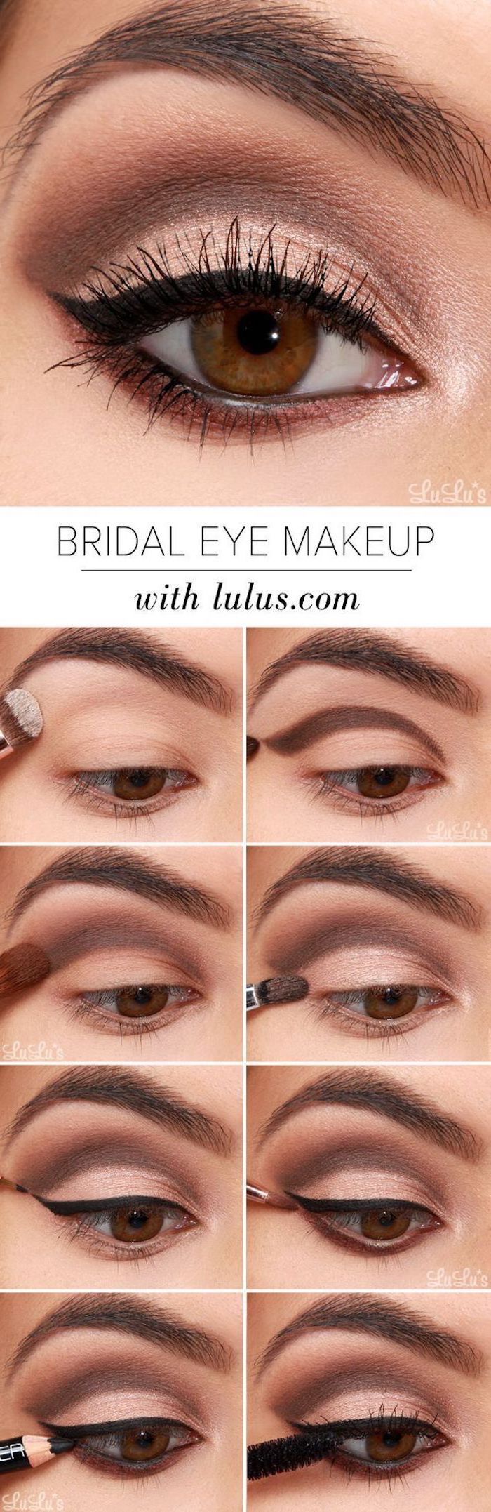 bridal eye makeup, step by step diy tutorial, eyeshadow tutorial, nude and golden eyeshadow colors, black cat eyeliner