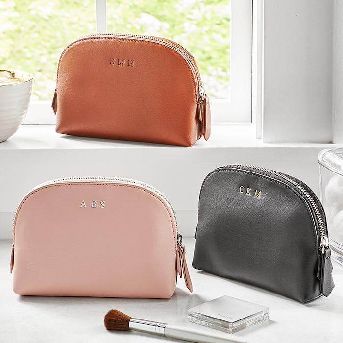 three leather pouches, personalised with initials, brown black and blush colors, valentines day ideas for her