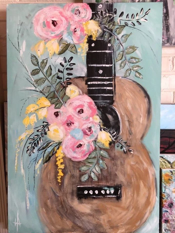 brown guitar, decorated with bouquets of yellow and pink roses, cute things to paint, light blue background