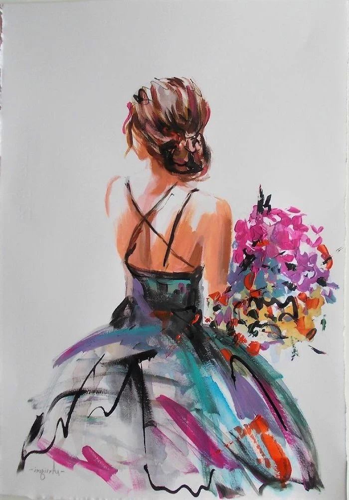 brunette girl with hair in a bun, cute things to paint, holding a bouquet of colorful flowers, wearing a colorful dress
