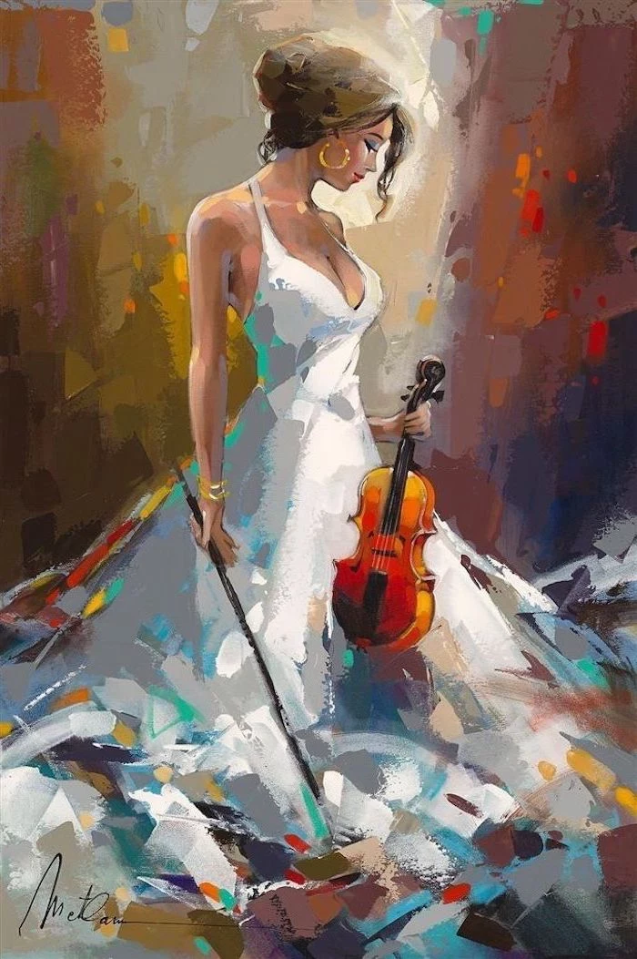 canvas painting, woman holding a violin, wearing white dress, dark background painted with different colors