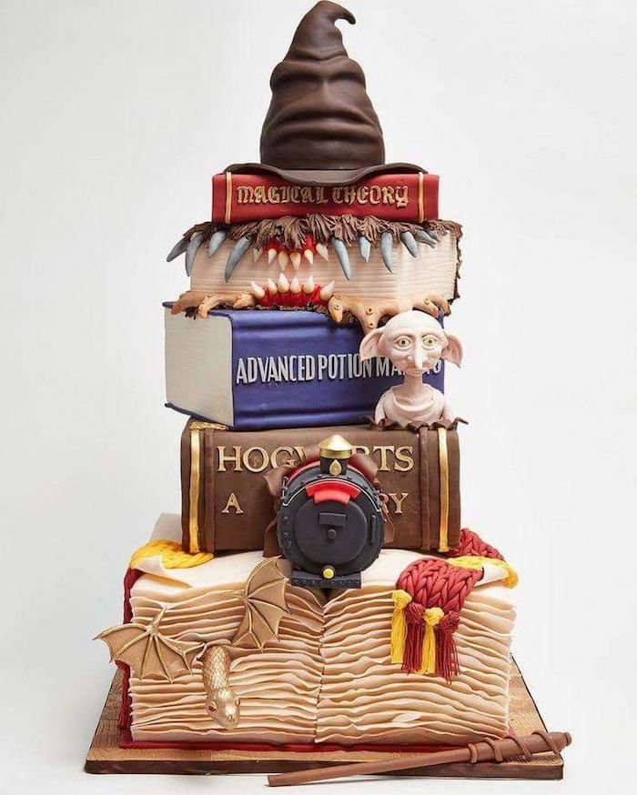 six tier cake, each tier in the shape of a book, sorting hat on top, happee birthdae, white background