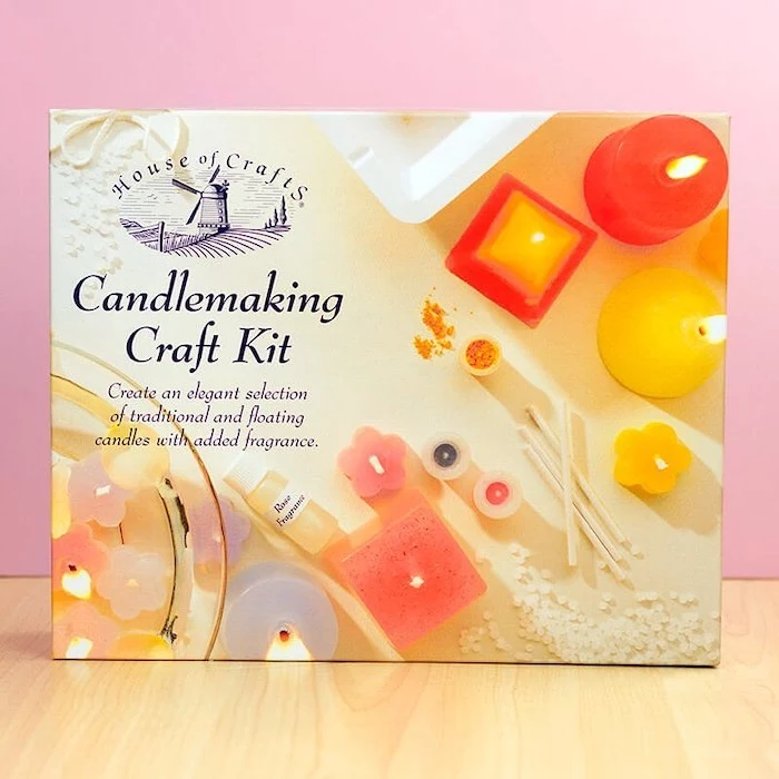 candle making craft kit, inside a box, placed on wooden surface, valentines day ideas for her, pink background