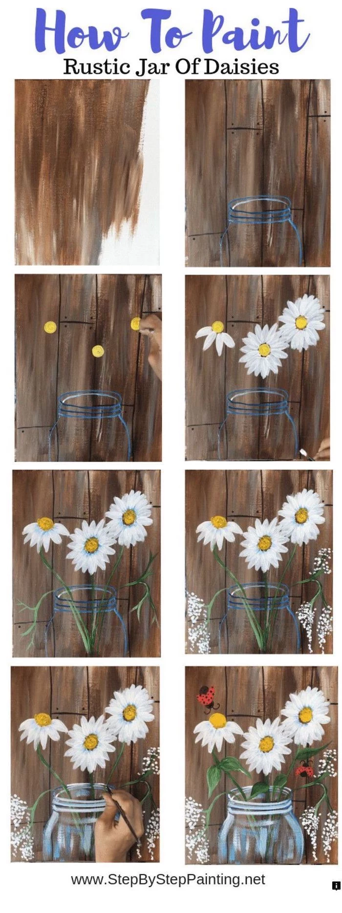 how to paint rustic jar of daisies, photo collage of step by step diy tutorial, cute things to paint
