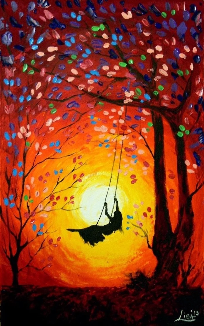 woman swinging on a swing, hanging from a tall tree with colorful leaves, cute things to paint, orange sunset background
