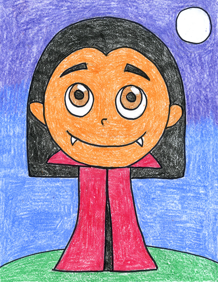 cartoon vampire, colored with crayons, step by step drawing, standing on green field, blue purple sky in the background