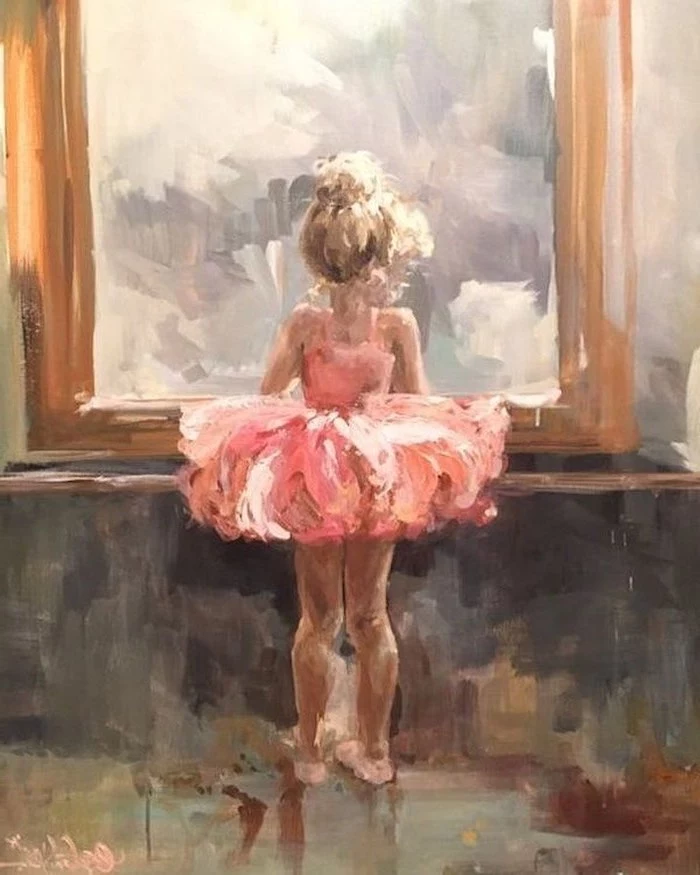 acrylic flower painting, child ballerina with blonde hair in a bun, wearing a pink tutu, looking through a window