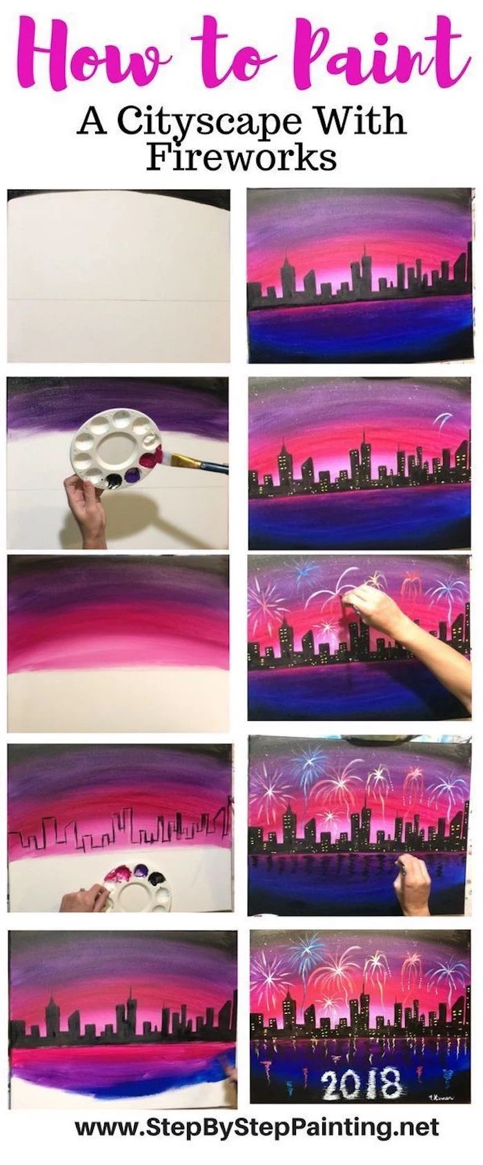 how to paint a cityscape with fireworks, photo collage of step by step diy tutorial, canvas painting