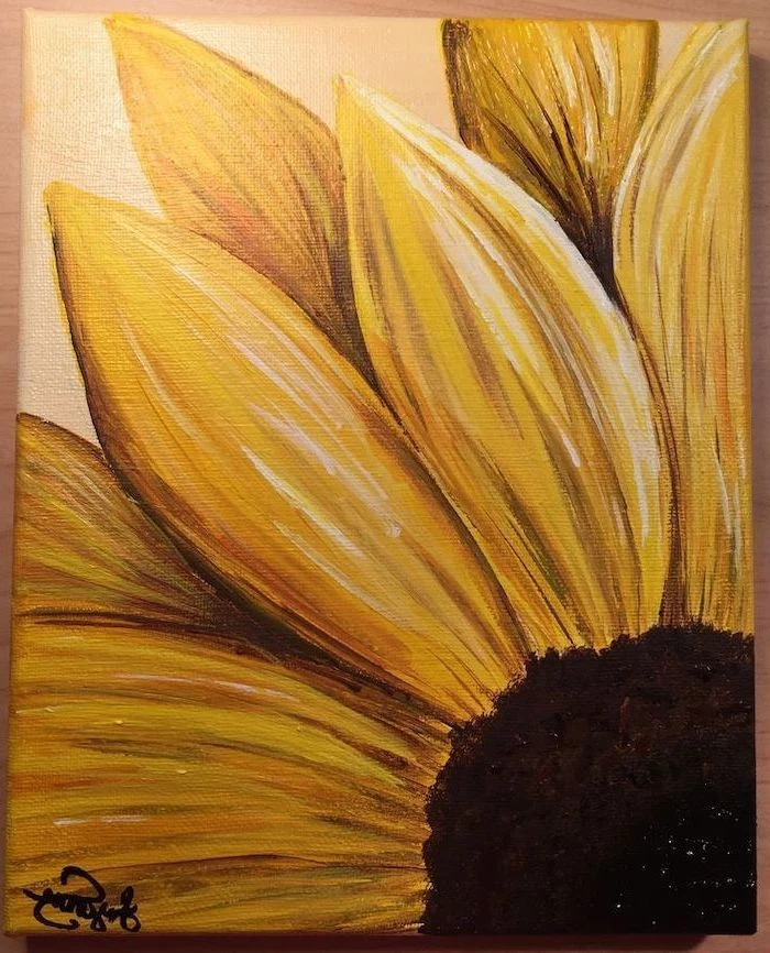 close up of a yellow sunflower, painted on white canvas, acrylic flower painting