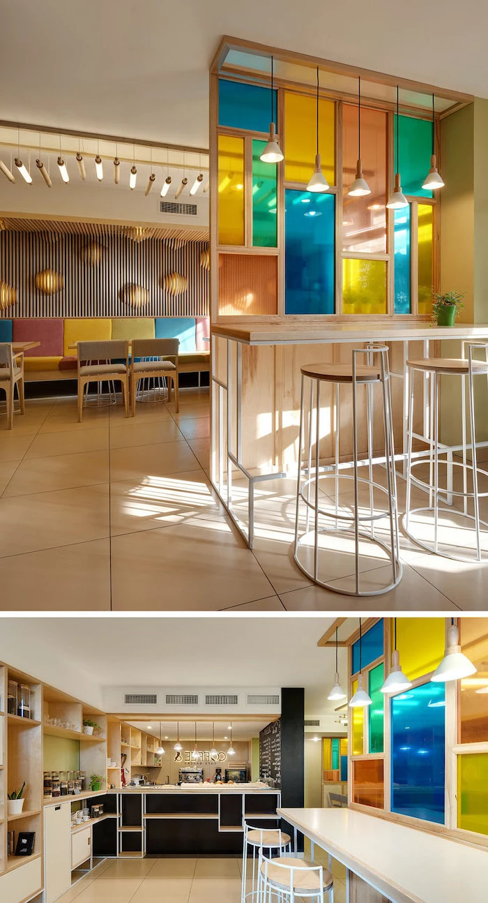 two photos of coffee shop, black coffee bar and colorful chairs, stained glass panels, room divider with colored windows