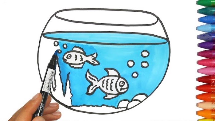 coloring page, aquarium with two fish inside, drawn on white background, step by step drawing, crayons on the side