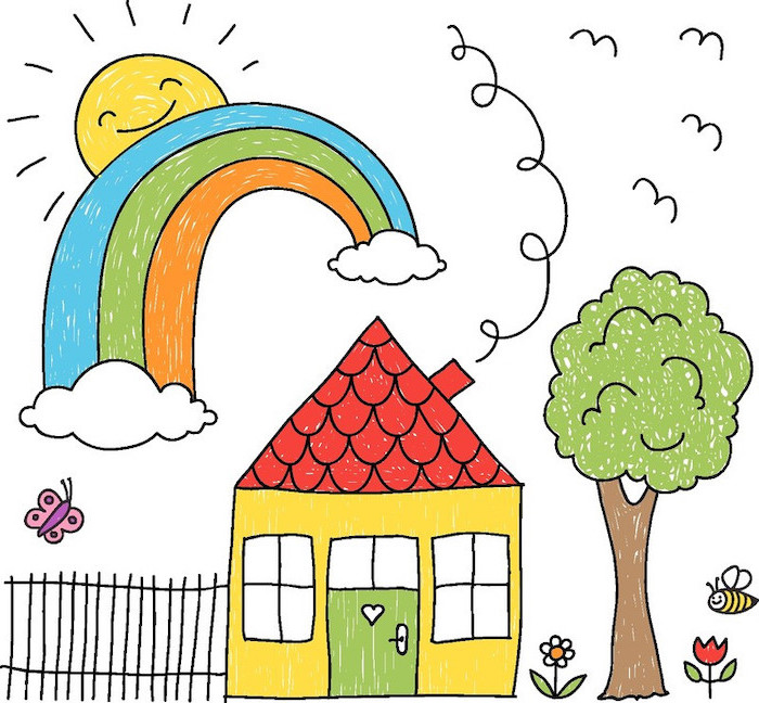 casa y un árbol junto a ella, arco iris y sol en la esquina, dibujo a color, dibujo paso a paso