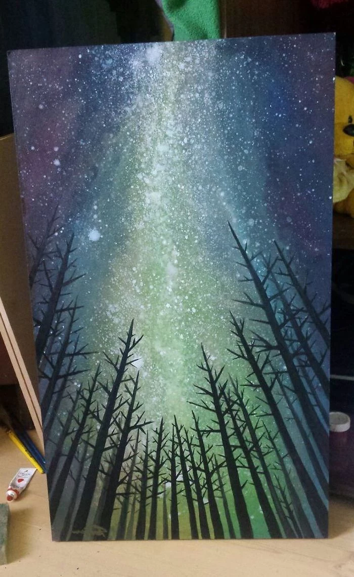 northern lights shining in the sky, covered with stars, acrylic flower painting, tall black trees with no leaves, canvas painting ideas with black background