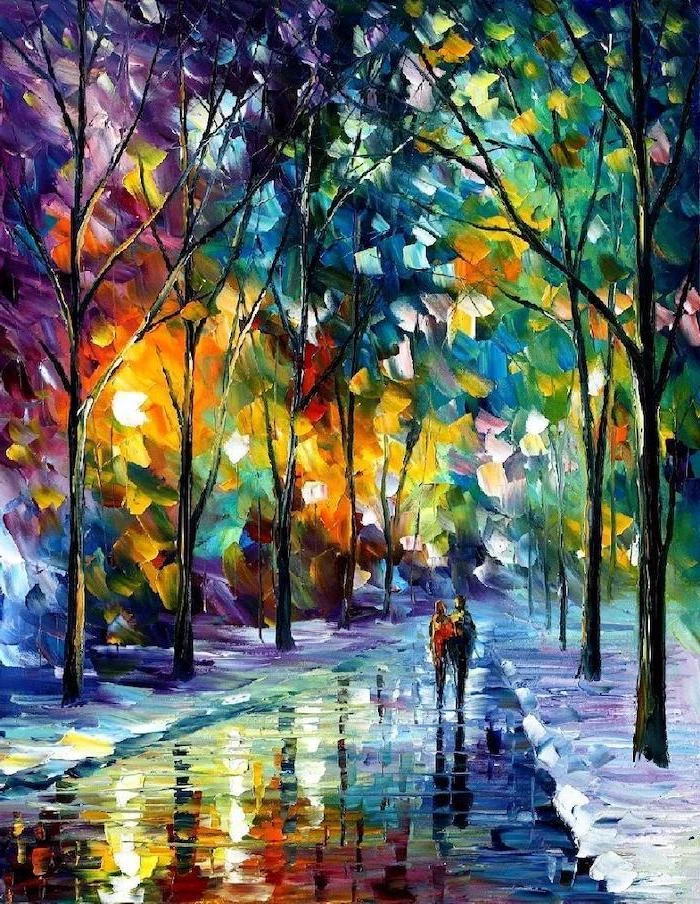canvas painting ideas, couple walking in the park, pathway surrounded by tall trees, leaves in different colors