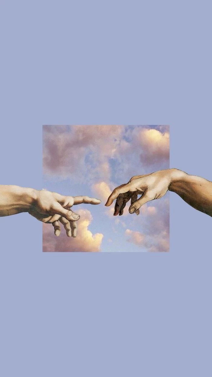 piece of creation of adam by michelangelo, pinterest wallpaper, fingers touching on blue background