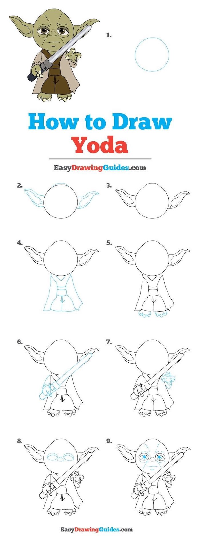 como desenhar yoda em nove etapas, fácil desenhos passo a passo, passo a passo, tutorial diy, branco fundo