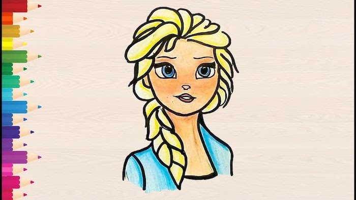 elsa from frozen, disney inspired colored drawing, pencils on the side, easy drawings step by step