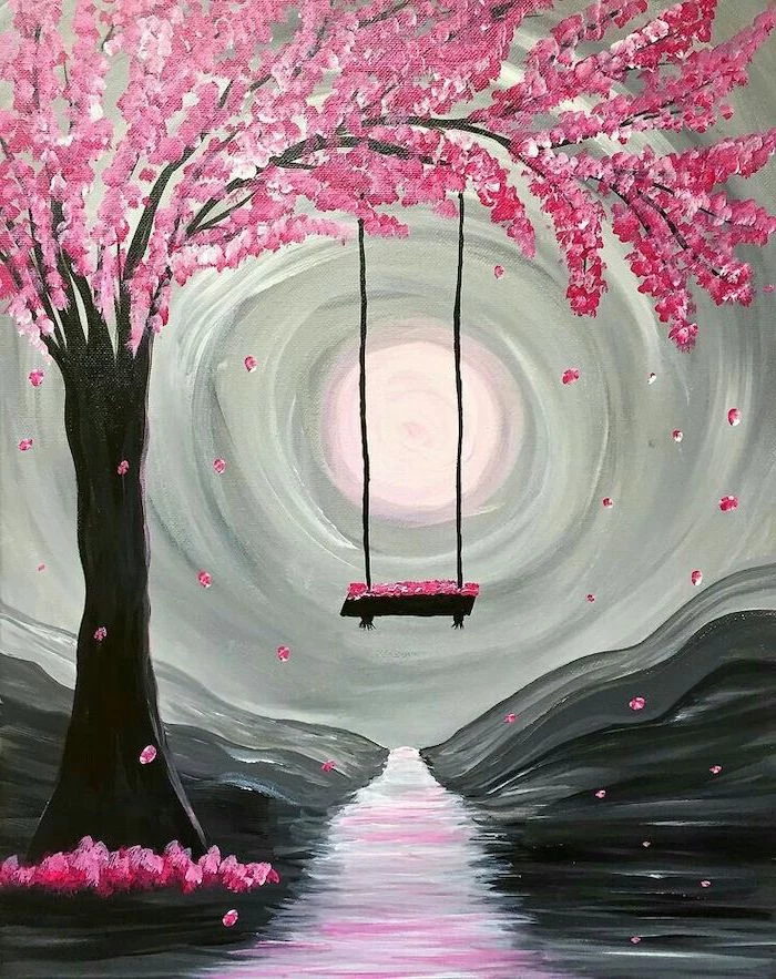 swing attached to a tree branch, tree with pink blossoms, canvas painting ideas, path covered with blossoms