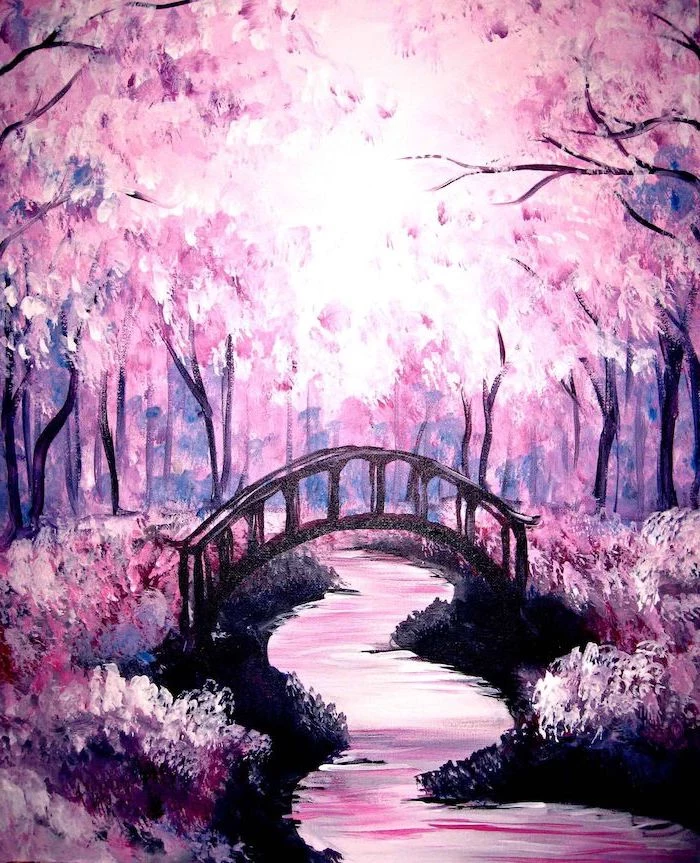 bridge over a narrow river, acrylic flower painting, surrounded by trees with pink blossoms, blossoms on the ground