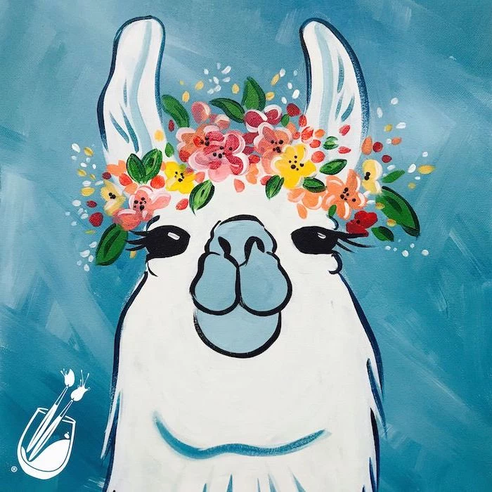 smiling llama, wearing a floral crown, canvas painting ideas, blue background
