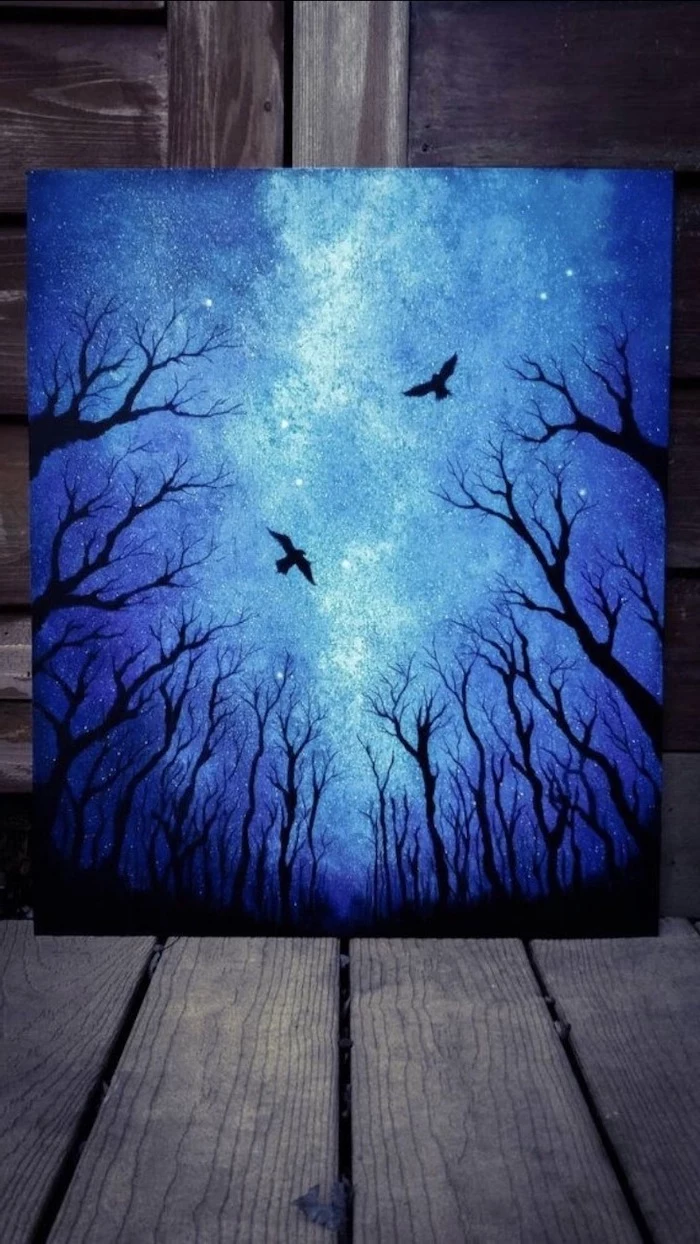 dark blue sky, covered with lots of stars, acrylic painting on canvas, tall black trees, two birds flying around them