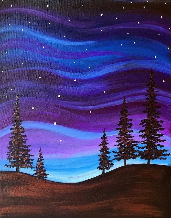tall black trees, colorful sky in the background, acrylic painting on canvas, painted in blue purple and black