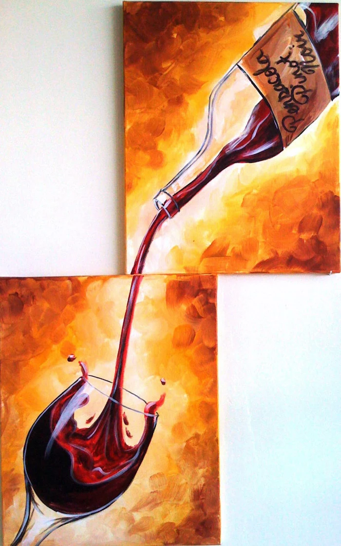 two paintings hanged on white wall, canvas painting ideas, wine poured out of bottle, poured into a wine glass