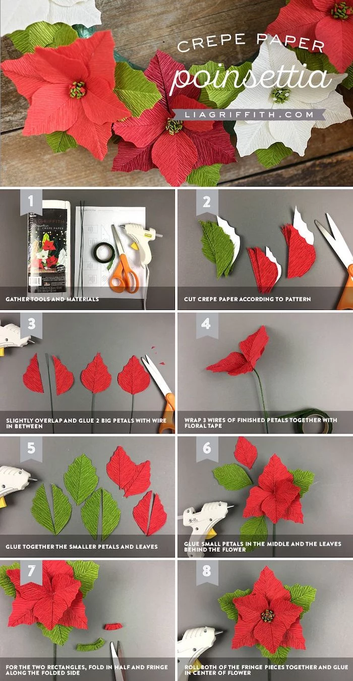 photo collage of step by step diy tutorial, paper flower backdrop, how to make a poinsettia flower out of crepe paper