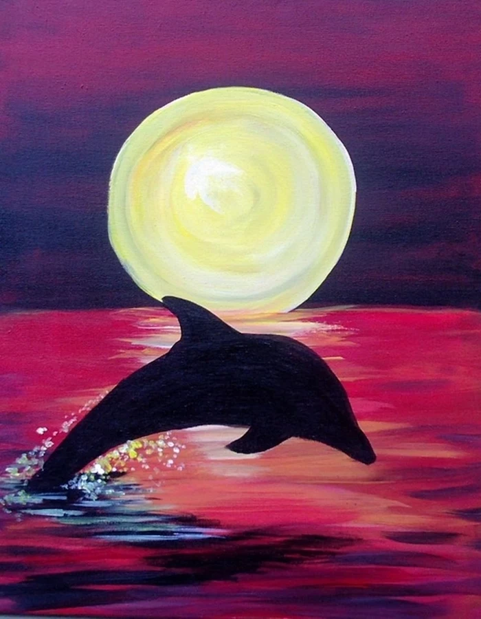 dolphin swimming in the ocean, acrylic painting on canvas, sunset sky, large sun low on the horizon