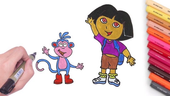 drawing of dora the explorer and boots the monkey, easy drawings step by step, markers on the side